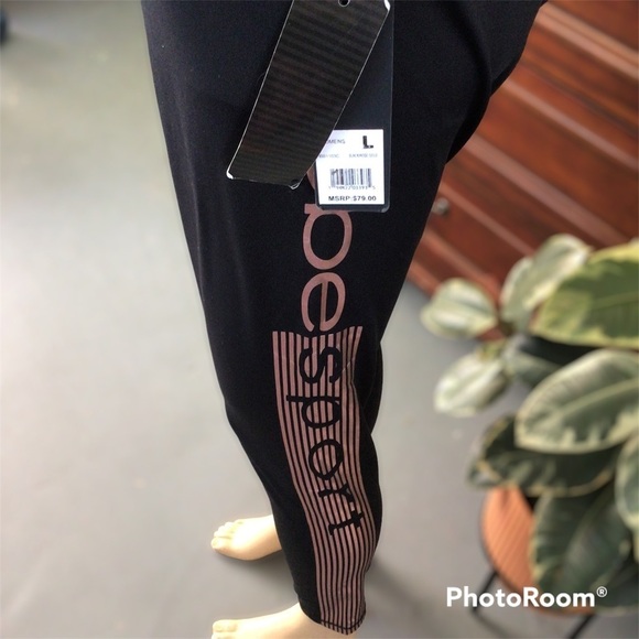 Bebe Sports Logo Stripe Leggings SILVER - Picture 1 of 4